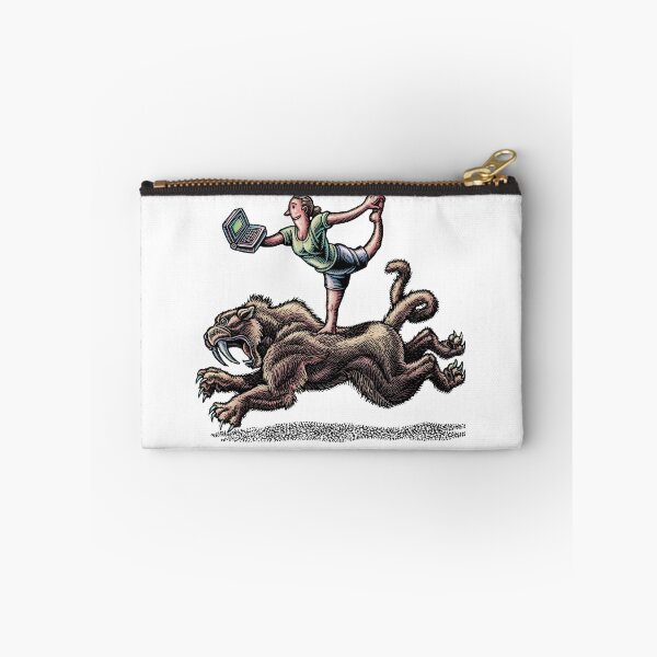 Item preview, woman with laptop doing yoga pose on back of saber tooth tiger designed and sold by LisaHaney.