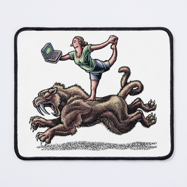 Item preview, woman with laptop doing yoga pose on back of saber tooth tiger designed and sold by LisaHaney.