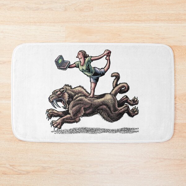 Item preview, woman with laptop doing yoga pose on back of saber tooth tiger designed and sold by LisaHaney.