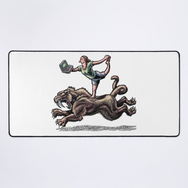 Item preview, woman with laptop doing yoga pose on back of saber tooth tiger designed and sold by LisaHaney.