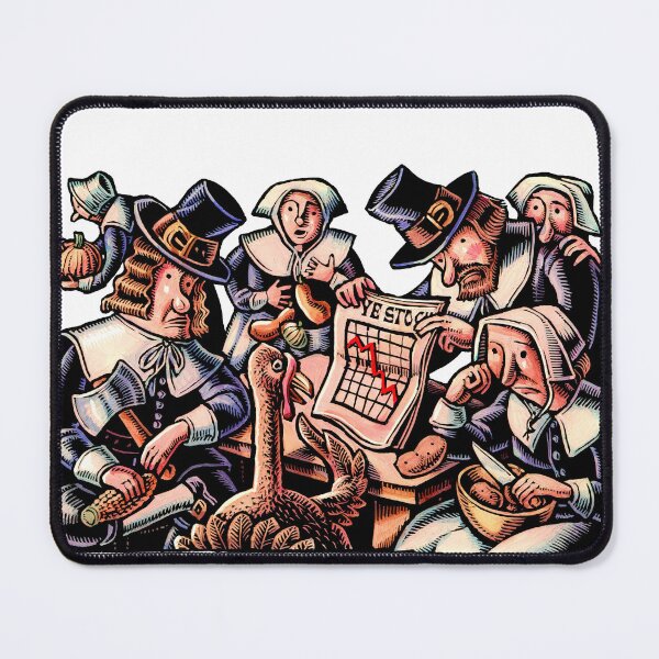 Item preview, pilgrims show negative stock chart to a turkey as they prepare thanksgiving dinner designed and sold by LisaHaney.