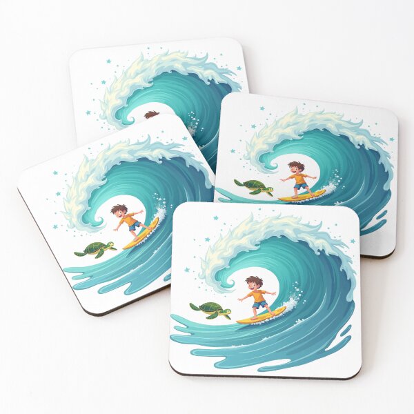 Item preview, Boy surfing on wave with turtle designed and sold by Prints by Mat.