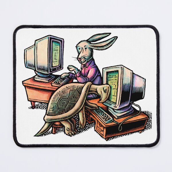 Item preview, tired turtle at office taking nap while rabbit works on computer designed and sold by LisaHaney.