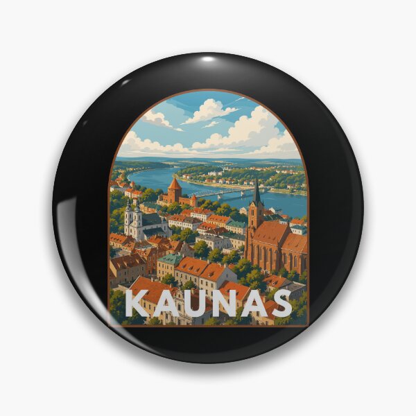 Item preview, Kaunas in Lithuania, Retro Art Travel Landscape Badge designed and sold by MaateoDesign.