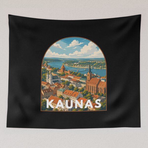 Item preview, Kaunas in Lithuania, Retro Art Travel Landscape Badge designed and sold by MaateoDesign.