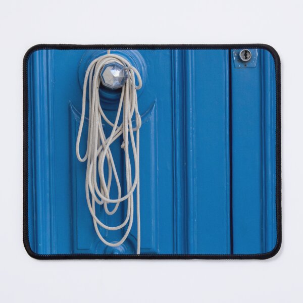 Item preview, Coiled White Rope Hanging on Shiny Doorknob Against Bright Blue Decorative Panel Door designed and sold by Nmallia.
