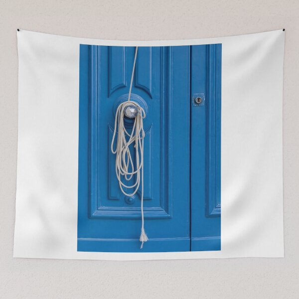 Item preview, Coiled White Rope Hanging on Shiny Doorknob Against Bright Blue Decorative Panel Door designed and sold by Nmallia.
