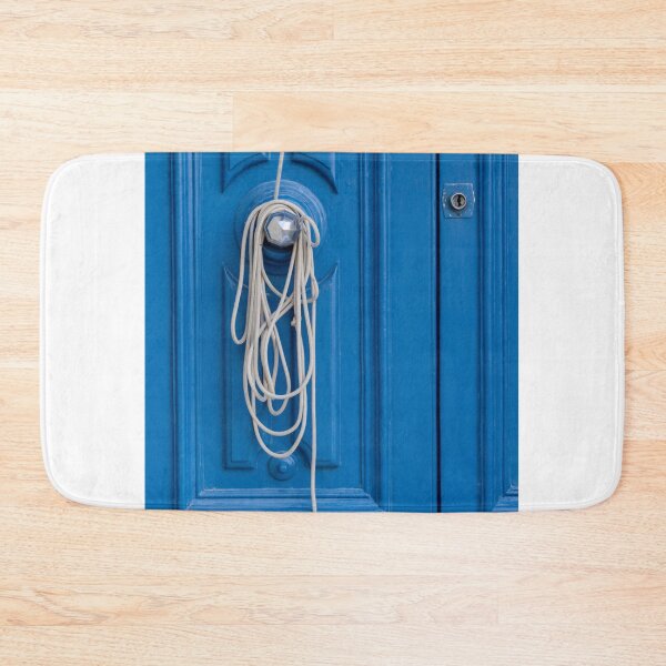 Item preview, Coiled White Rope Hanging on Shiny Doorknob Against Bright Blue Decorative Panel Door designed and sold by Nmallia.