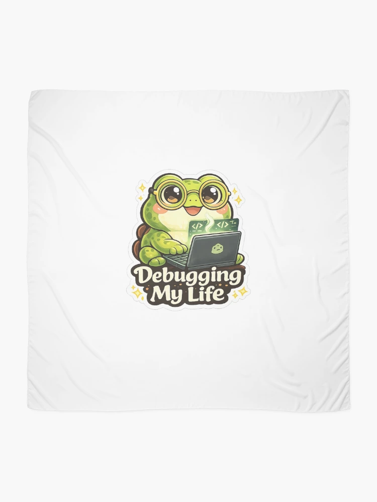 Thumbnail 2 of 3, Scarf, Cute Frog Programmer Sticker | Debugging My Life | Coding Gift designed and sold by LandlordsIndia.