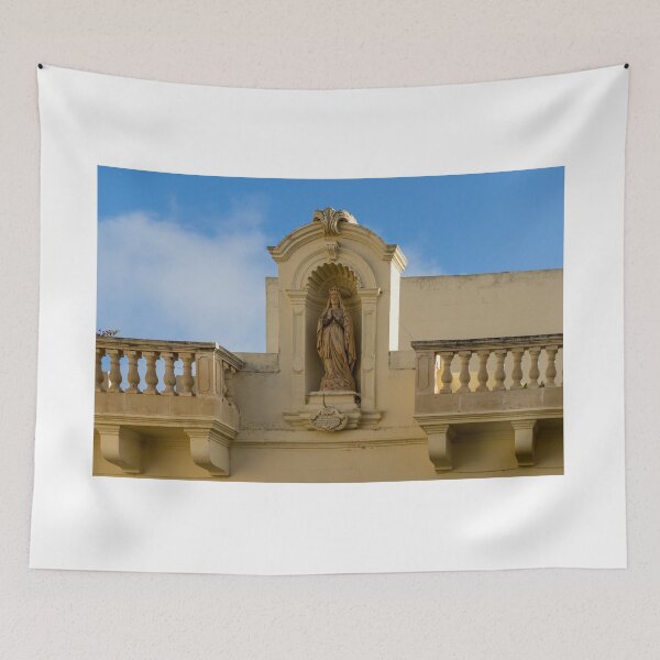 Item preview, Ornate Virgin Mary Statue in Stone Niche Above Classic Balustrade On Historic Building Facade designed and sold by Nmallia.