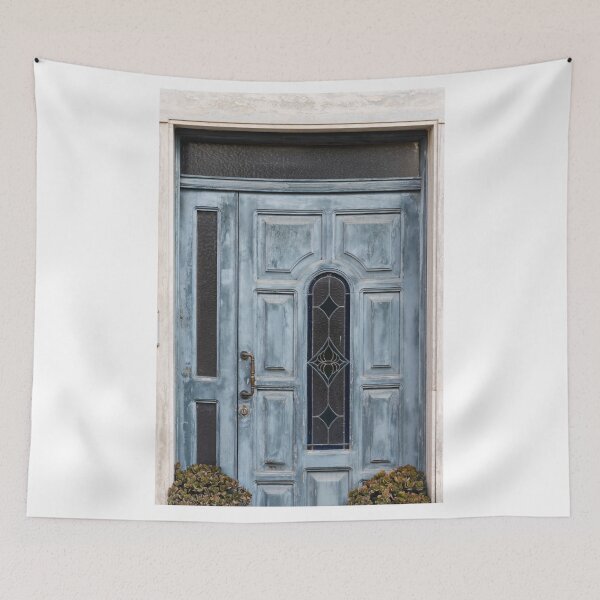 Item preview, Weathered Blue Door With Stained Glass Panel and Brass Handle at Charming Vintage Entrance designed and sold by Nmallia.