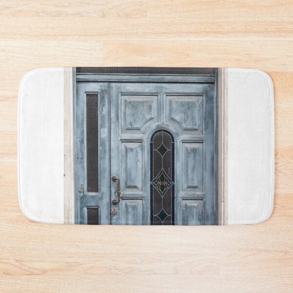Item preview, Weathered Blue Door With Stained Glass Panel and Brass Handle at Charming Vintage Entrance designed and sold by Nmallia.