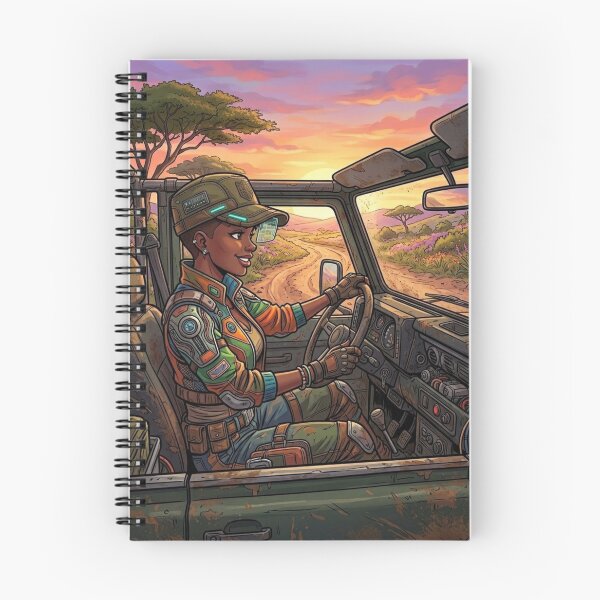 Item preview, CYBERNETIC ADVENTURER IN THE AFRICAN SAVANNA RETROFUTURIST OFF-ROAD ART designed and sold by Curiosiart.