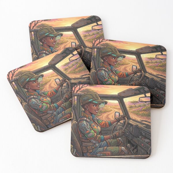 Item preview, CYBERNETIC ADVENTURER IN THE AFRICAN SAVANNA RETROFUTURIST OFF-ROAD ART designed and sold by Curiosiart.