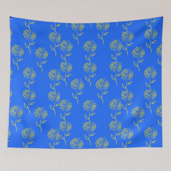 Item preview, Minimal Yellow Flower Outlines In A Blue Background Pattern designed and sold by CDPrintsDesigns.