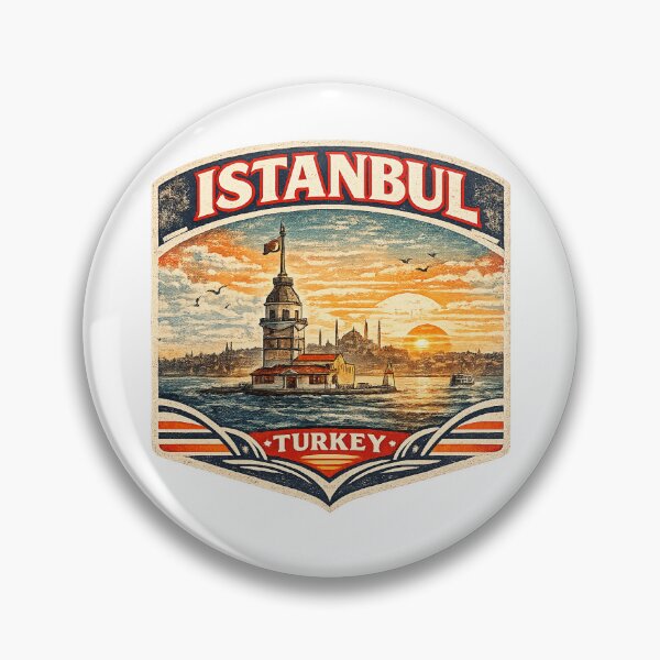 Item preview, Maiden's Tower Istanbul Turkey Retro Travel Poster | Bosphorus Sunset Vintage Badge designed and sold by DreamPaw Studio.