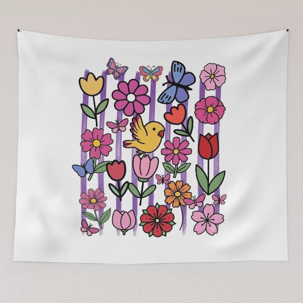 Item preview, Cute Bird and Butterfly Floral Garden | Colorful Spring Flower Doodle Art designed and sold by jteart.