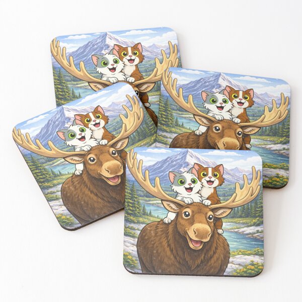 Item preview, Cute Cats and Moose at Mountains  designed and sold by Catnaps-N-Chaos.