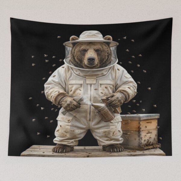 Item preview, Bear Beekeeper in Protective Suit with Beehive designed and sold by DailySparks.