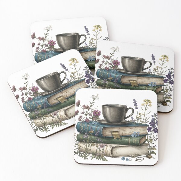 Item preview, Vintage Coffee Cup on Stacked Books with Wildflowers designed and sold by sanorastyle.