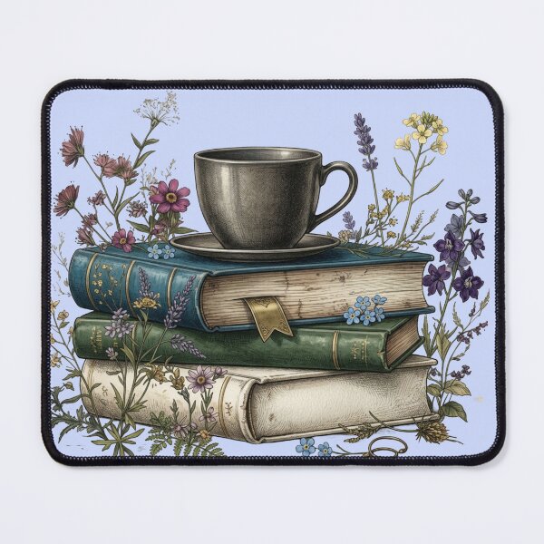 Item preview, Vintage Coffee Cup on Stacked Books with Wildflowers designed and sold by sanorastyle.