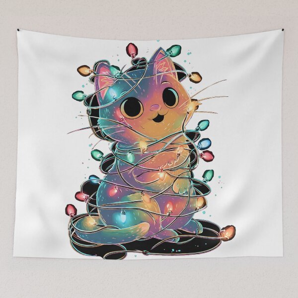 Item preview, Cute Galaxy Cat Tangled in Christmas Lights | Holographic Kawaii Cat Art | Pastel Rainbow Cat Illustration | Festive Cat Print designed and sold by NeonKawaiiCo.