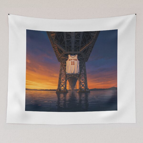 Item preview, Jalen Brunson NY Knicks Jersey Hanging Under GW Bridge designed and sold by Home Decor Art.
