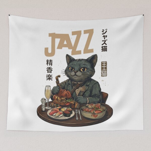 Item preview, Jazz Cat with Sushi and Wine Illustration designed and sold by Ahmedsyde.