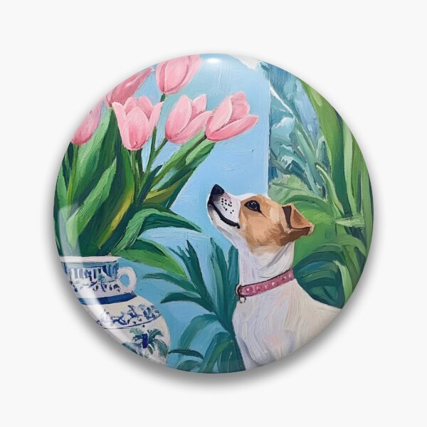 Item preview, Grandmillennial art, Admiring the tulips, whimsical dog art designed and sold by SophieClimaArt.