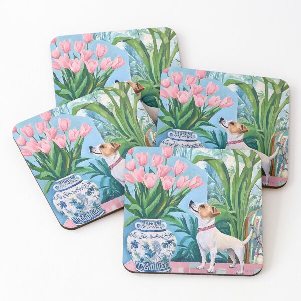 Item preview, Grandmillennial art, Admiring the tulips, whimsical dog art designed and sold by SophieClimaArt.