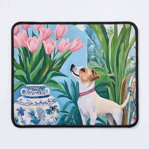 Item preview, Grandmillennial art, Admiring the tulips, whimsical dog art designed and sold by SophieClimaArt.