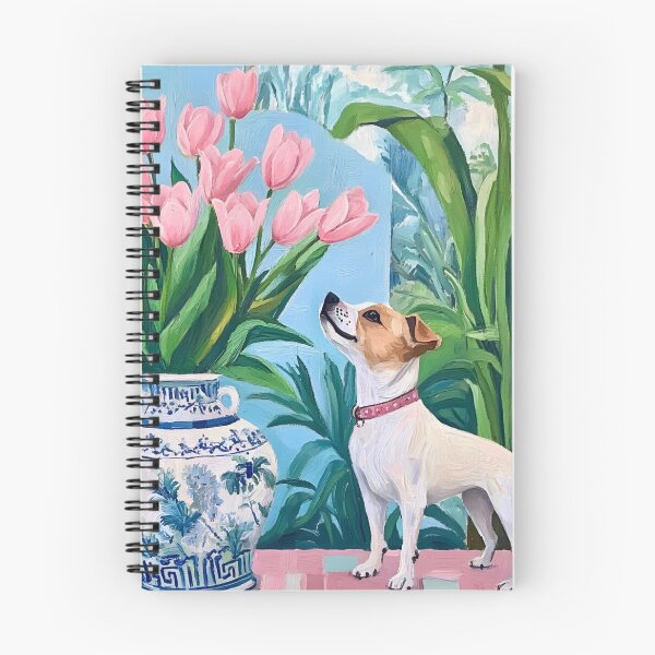 Item preview, Grandmillennial art, Admiring the tulips, whimsical dog art designed and sold by SophieClimaArt.