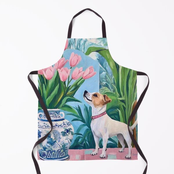 Item preview, Grandmillennial art, Admiring the tulips, whimsical dog art designed and sold by SophieClimaArt.