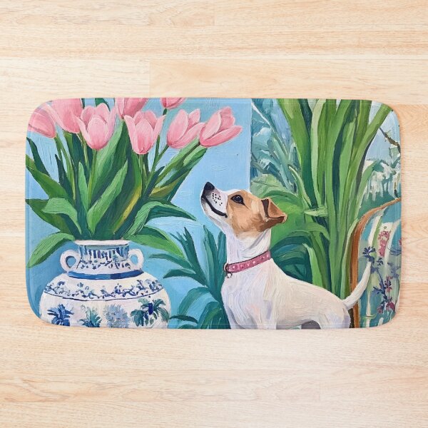 Item preview, Grandmillennial art, Admiring the tulips, whimsical dog art designed and sold by SophieClimaArt.