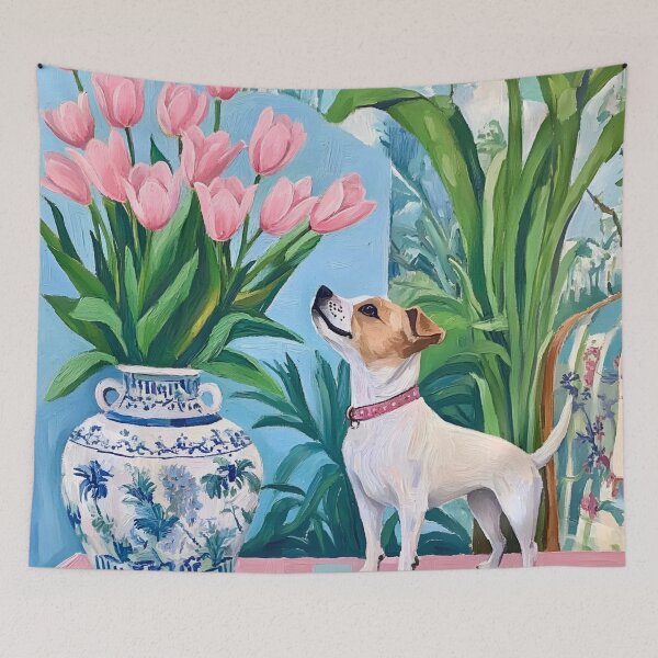 Item preview, Grandmillennial art, Admiring the tulips, whimsical dog art designed and sold by SophieClimaArt.