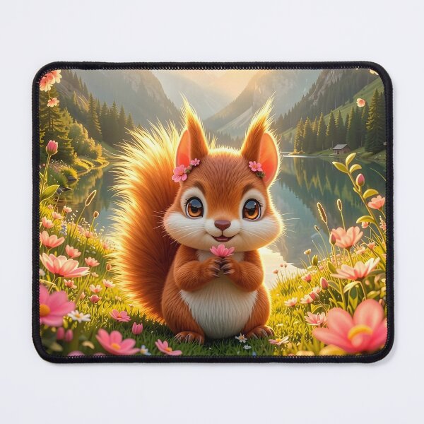 Item preview, Cute Squirrel with Pink Flowers by an Alpine Lake designed and sold by Dragonfly-Magic.