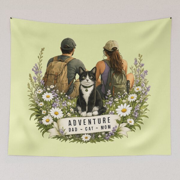 Item preview, Tuxedo Adventure Cat with her Cat Mom and Cat Dad  designed and sold by Northcrest Co..