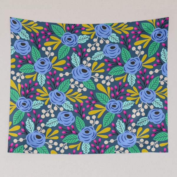 Item preview, Bold boho blooms floral pattern on blue designed and sold by Jennifer Ladd.