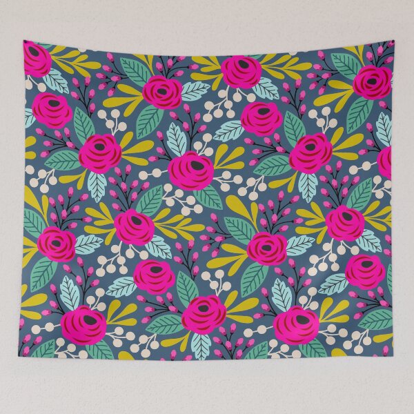 Item preview, Bold boho blooms floral pattern on blue designed and sold by Jennifer Ladd.