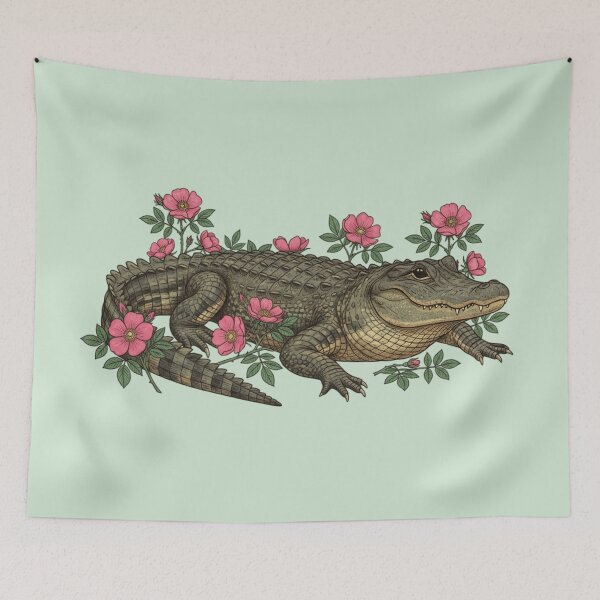 Item preview, American Alligator with Wild Pink Blooms  designed and sold by BirdsnStuff.