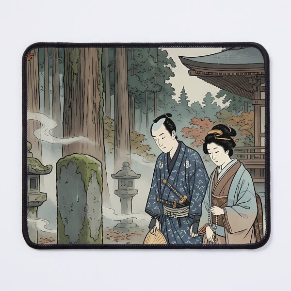 Item preview, Samurai and Maiden Praying at Grave in Rainy Forest - Traditional Ukiyo-e Art designed and sold by TokyoUkiyoHouse.