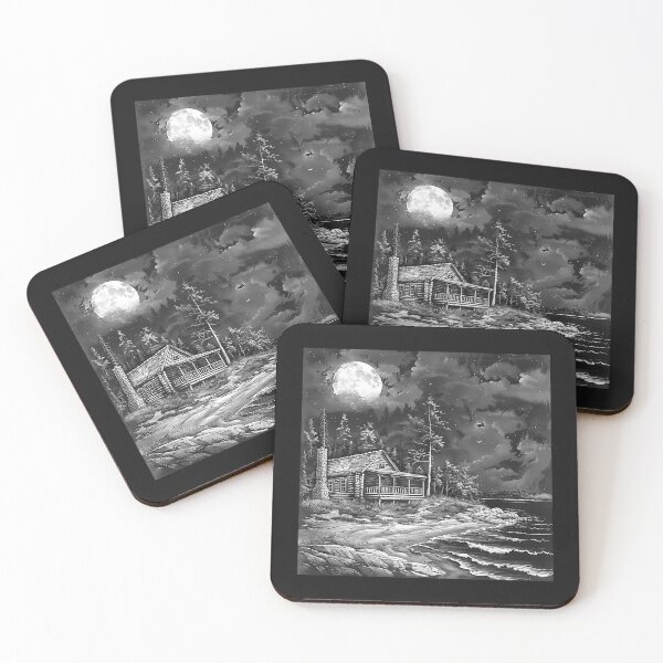 Item preview, Black and White Moonlit Lakeside Cabin Art designed and sold by inkoutninja.