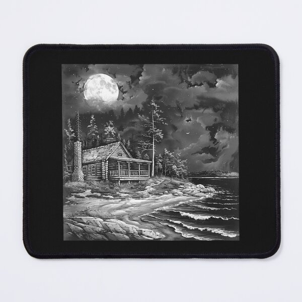 Item preview, Black and White Moonlit Lakeside Cabin Art designed and sold by inkoutninja.