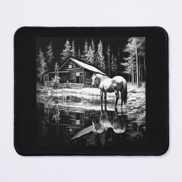 Item preview, Black and White Horse Lakeside Cabin Art designed and sold by inkoutninja.