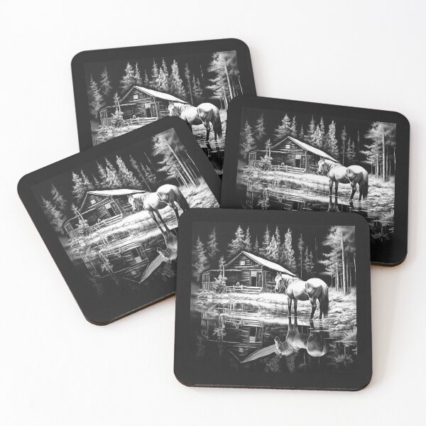 Item preview, Black and White Horse Lakeside Cabin Art designed and sold by inkoutninja.