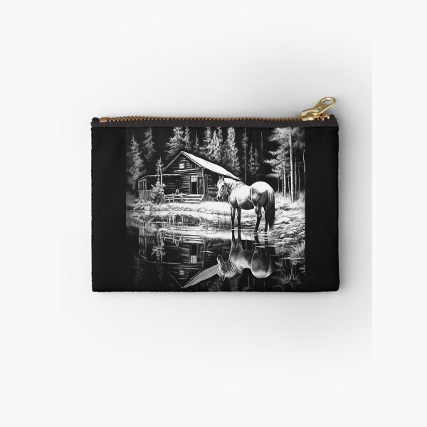 Item preview, Black and White Horse Lakeside Cabin Art designed and sold by inkoutninja.