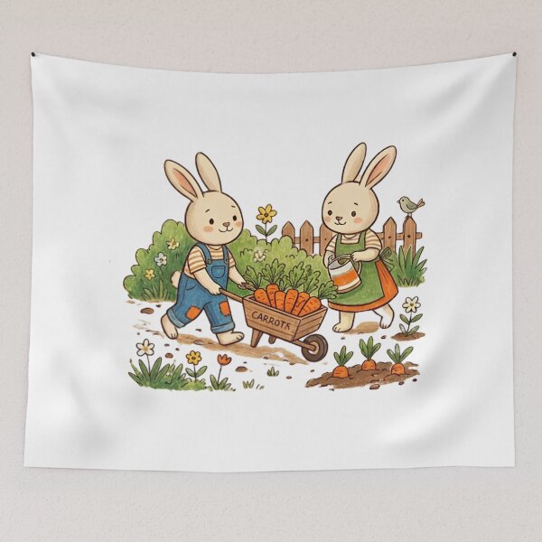 Item preview, Cute Bunnies Gardening Carrot Harvest in Vegetable Patch Illustration designed and sold by TaiwanMemory.