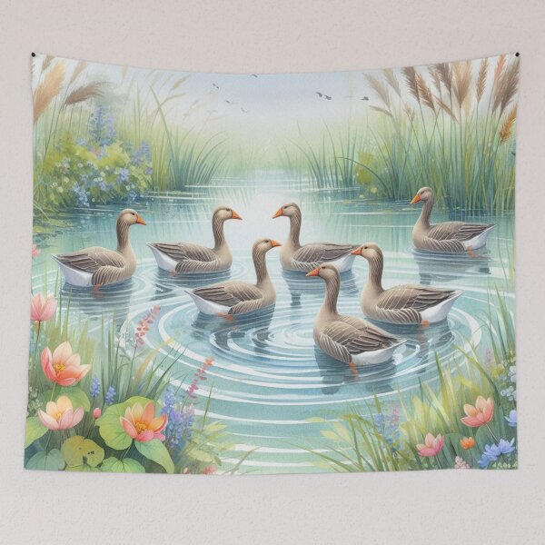 Item preview, Serene Flock of Geese on the Pond - Watercolor Landscape Art Print designed and sold by Pioneer Spirit Market.