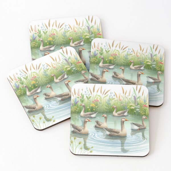 Item preview, Serene Flock of Geese in Wildflower Pond - Watercolor Art Print designed and sold by Pioneer Spirit Market.