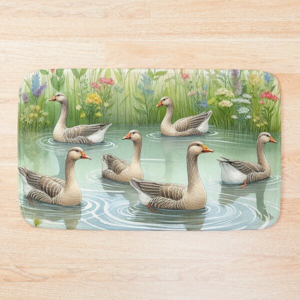 Item preview, Serene Flock of Geese in Wildflower Pond - Watercolor Art Print designed and sold by Pioneer Spirit Market.